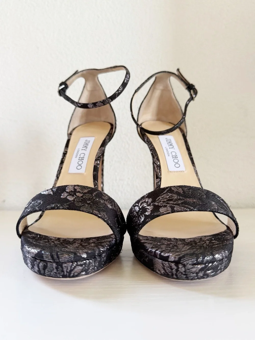 Jimmy Choo Misty Platform Sandals Black Silver Brocade Ankle Strap EU 39